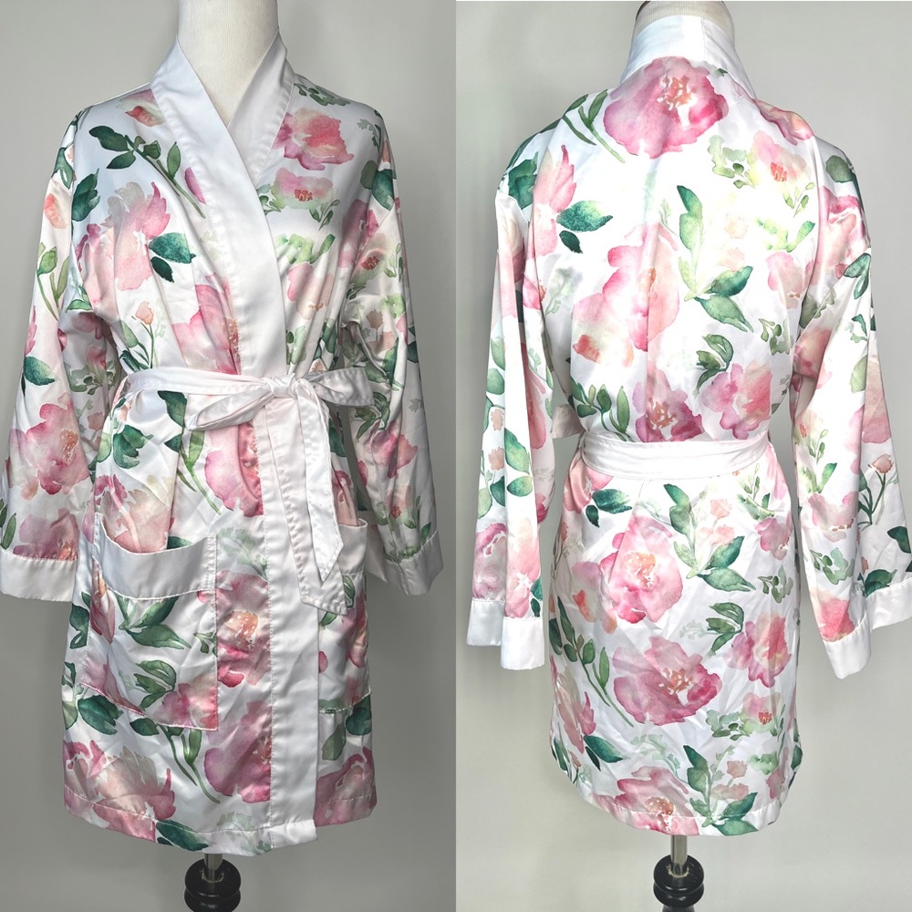 Watercolor pink and green satin robe